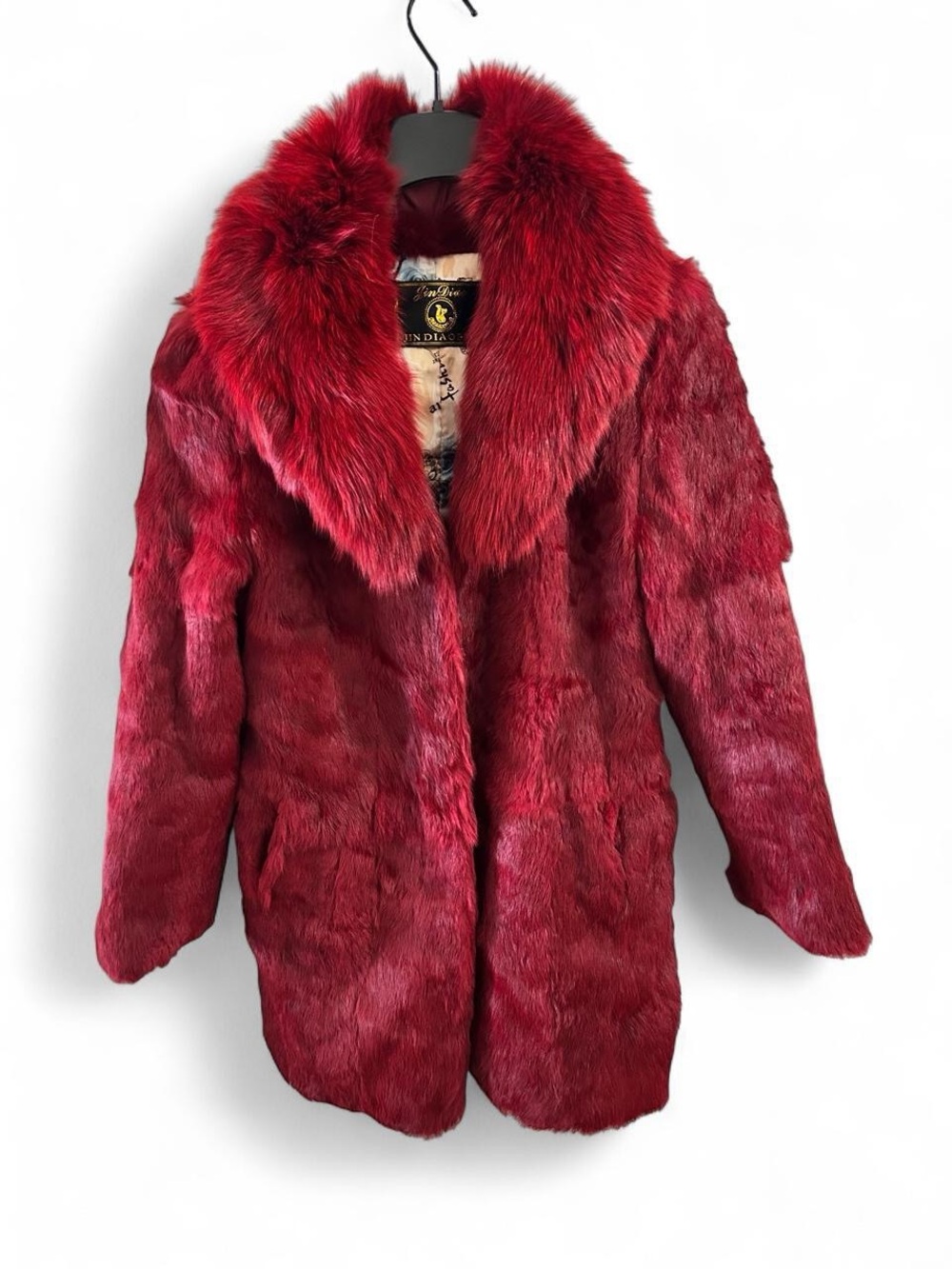 Red Rabbit Fur Coat Genuine Fox Fur Collar Long Coat S/M